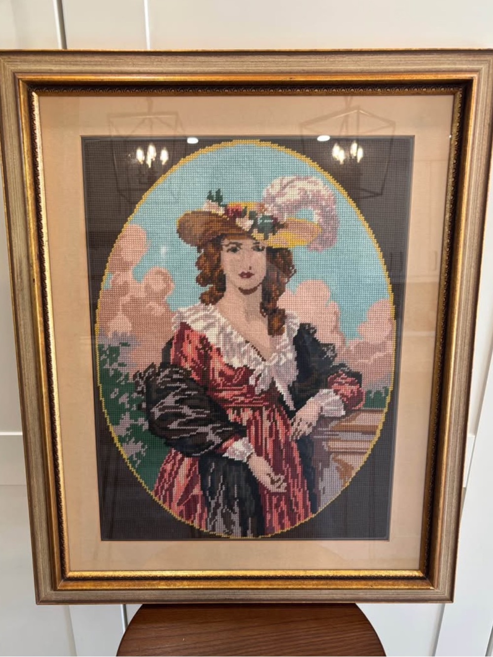 Large Framed Needlepoint Portrait of Woman in Hat - Rose, Black, Blue